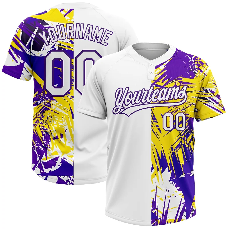 Team Softball Jerseys with Matching Colors-Custom White Purple 3D Pattern Tropical Palm Leaves Two-Button Unisex Softball Jersey