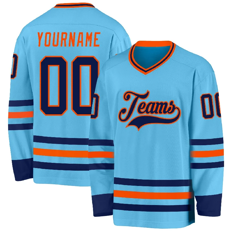 All-Weather Hockey Jerseys for Year-Round Play-Custom Sky Blue Navy-Orange Hockey Jersey