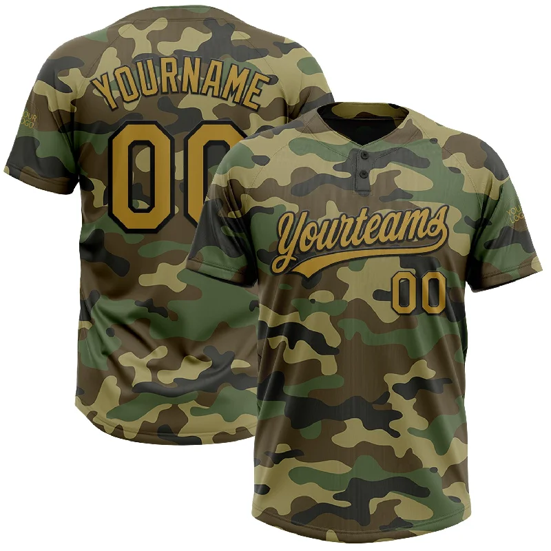 Softball Jerseys with Graphic Prints for Bold Designs-Custom Camo Old Gold-Black Salute To Service Two-Button Unisex Softball Jersey