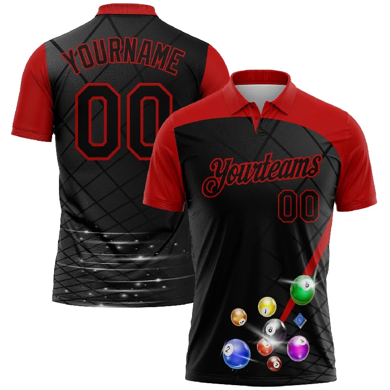 Vintage-Inspired Golf Polo Shirts for Classic Look-Custom Black Red 3D Pattern Design Billiards Performance Polo Shirt