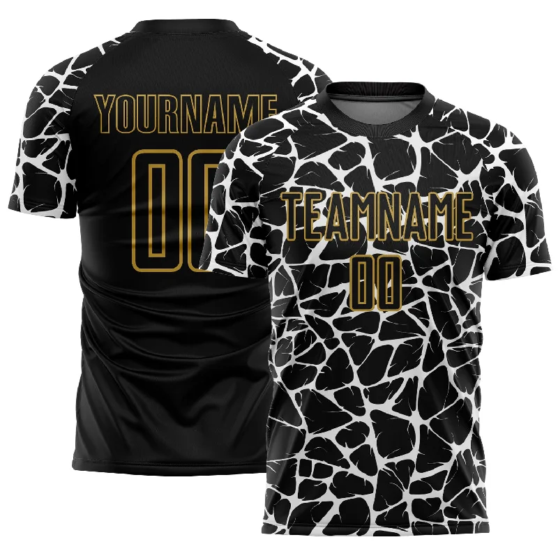 Custom Soccer Jerseys with Player Names and Numbers-Custom Black White-Old Gold Abstract Network Splash Sublimation Soccer Uniform Jersey