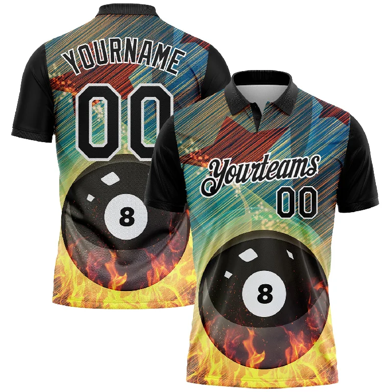 Stretch Golf Polo Shirts for Freedom of Movement-Custom Black White 3D Pattern Design Flame Billiards 8 Ball Performance Polo Shirt