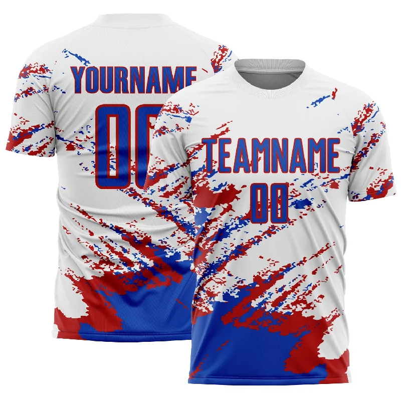 Soccer Jerseys with Soft Collar for Comfort-Custom White Thunder Blue-Red Abstract Fragment Art Splash Sublimation Soccer Uniform Jersey