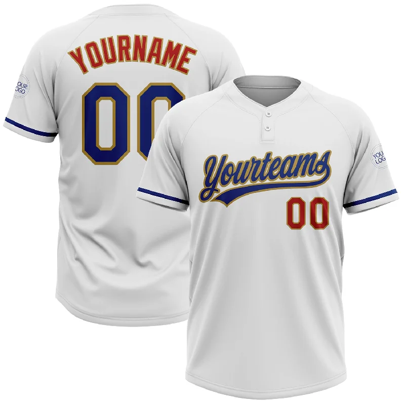 Sublimated Softball Jerseys for Bold Graphics-Custom White Royal Red-Old Gold Two-Button Unisex Softball Jersey