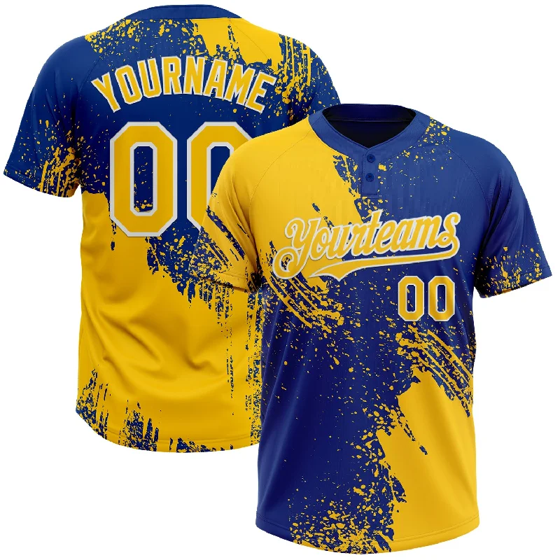 Softball Jerseys with Ventilated Panels for Enhanced Airflow-Custom Yellow Royal-White 3D Pattern Abstract Brush Stroke Two-Button Unisex Softball Jersey