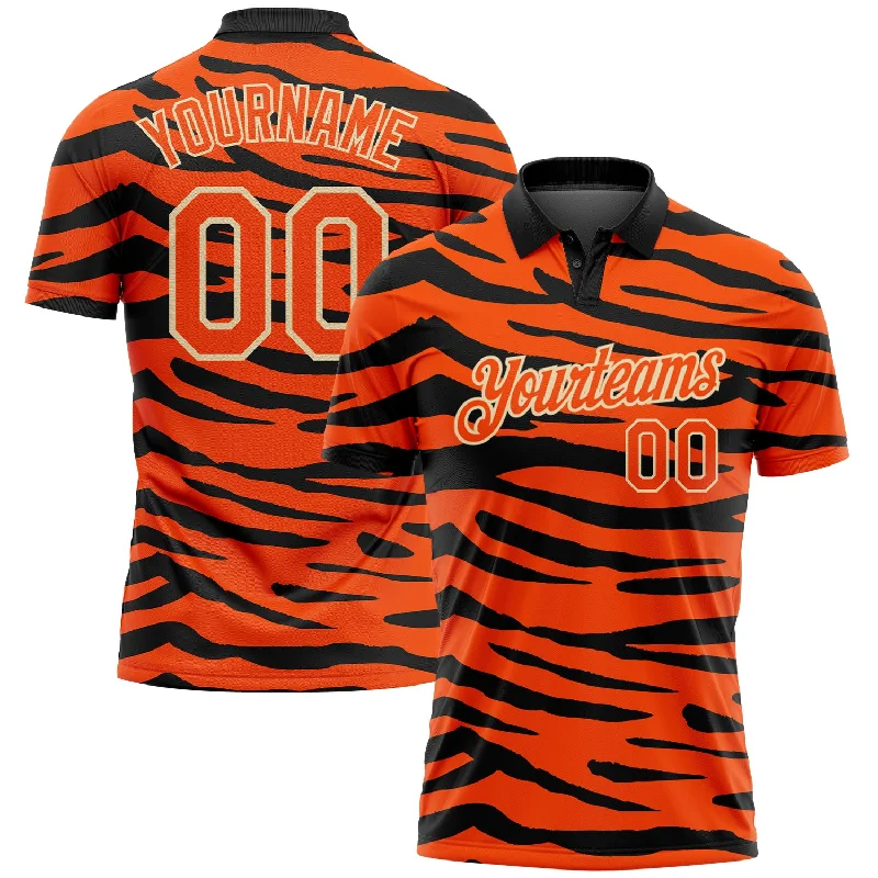 Golf Polo Shirts for Corporate Gifts and Events-Custom Orange Cream-Black 3D Pattern Design Tiger Print Performance Golf Polo Shirt