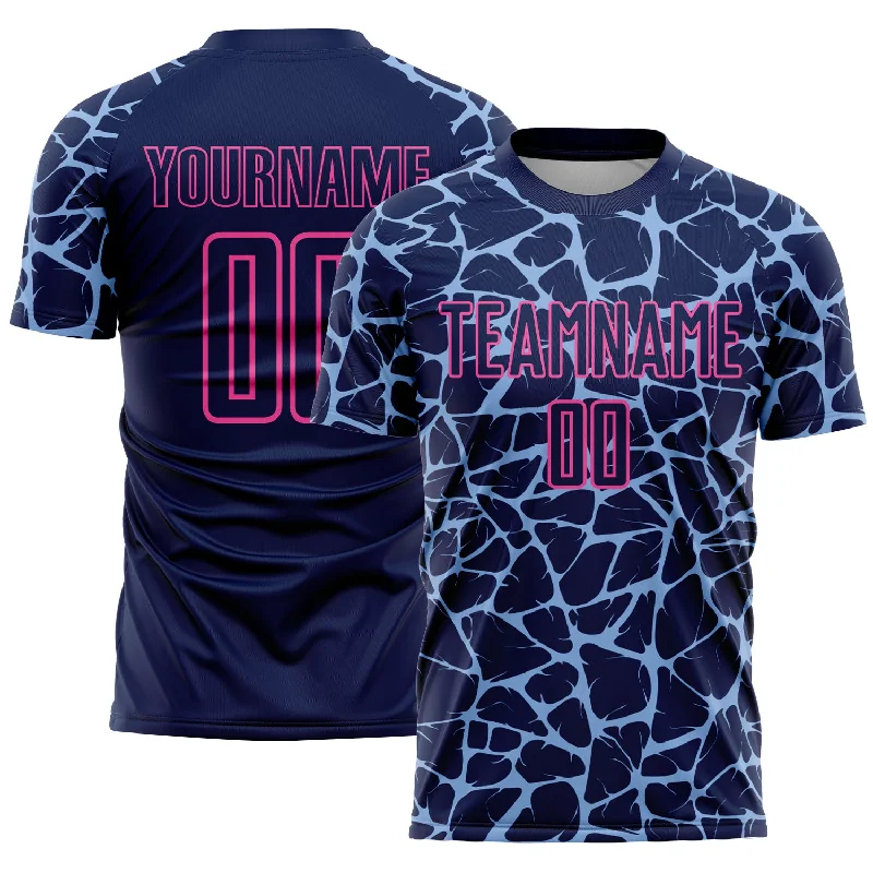 Soccer Jerseys with Vented Mesh Panels for Maximum Airflow-Custom Navy Light Blue-Pink Abstract Network Splash Sublimation Soccer Uniform Jersey