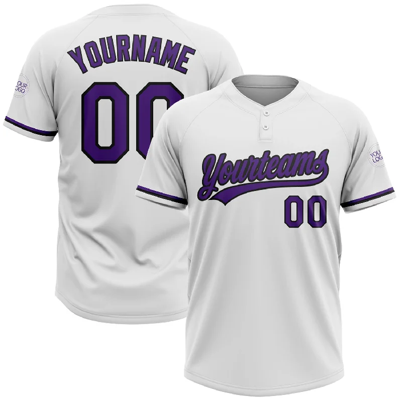 Sublimated Softball Jerseys for Unique Customization-Custom White Purple-Black Two-Button Unisex Softball Jersey