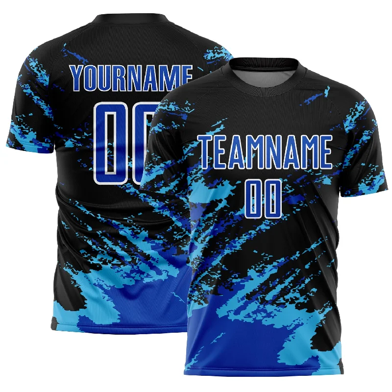 Soccer Jerseys with Quick-Dry Technology for Hot Weather Play-Custom Black Thunder Blue-Sky Blue Abstract Fragment Art Splash Sublimation Soccer Uniform Jersey