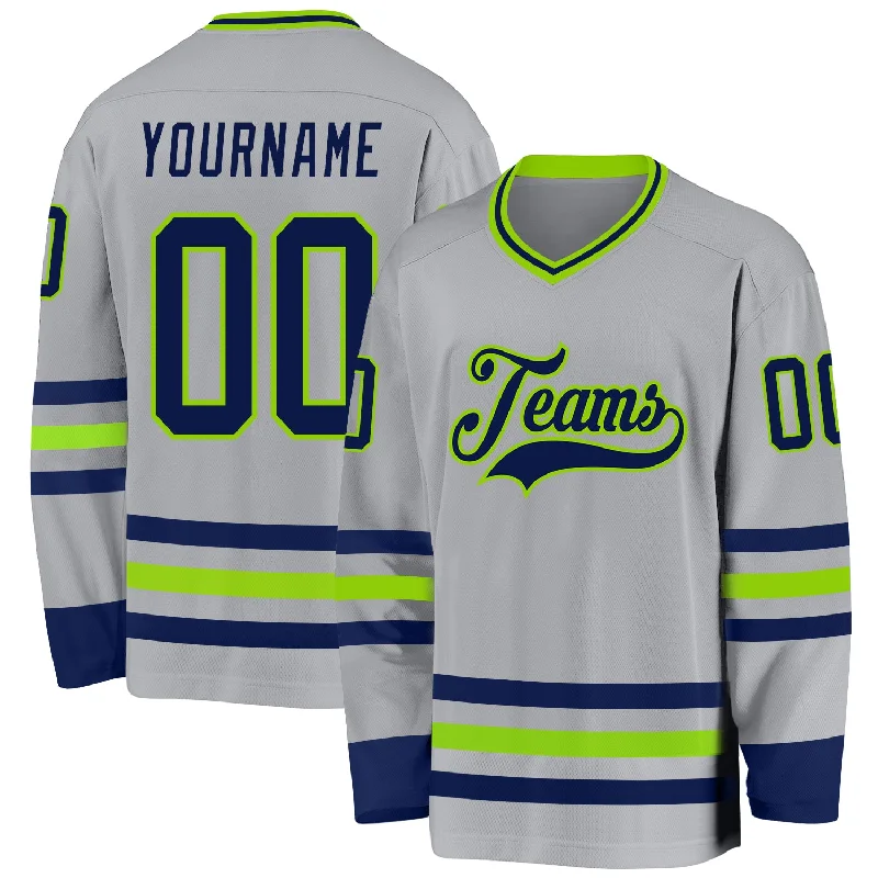 Sublimated Ice Hockey Jerseys for Bold Prints-Custom Gray Navy-Neon Green Hockey Jersey