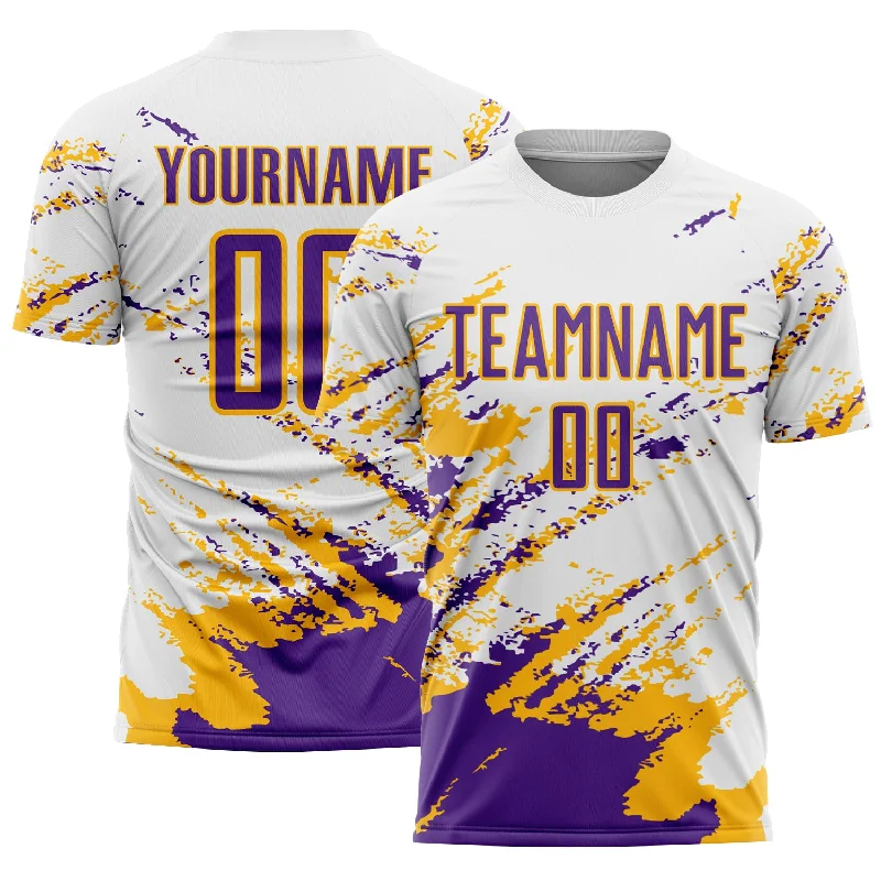 Soccer Jerseys with Mesh Back for Extra Cooling-Custom White Purple-Gold Abstract Fragment Art Splash Sublimation Soccer Uniform Jersey