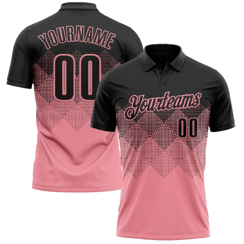 Eco-Conscious Golf Polo Shirts Made from Recycled Materials-Custom Black Medium Pink 3D Pattern Design Gradient Square Shape Performance Polo Shirt