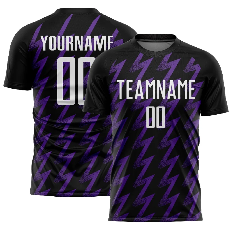 Soccer Jerseys with Color Blocking for Team Identity-Custom Black White-Purple Zigzag Shape Sublimation Soccer Uniform Jersey