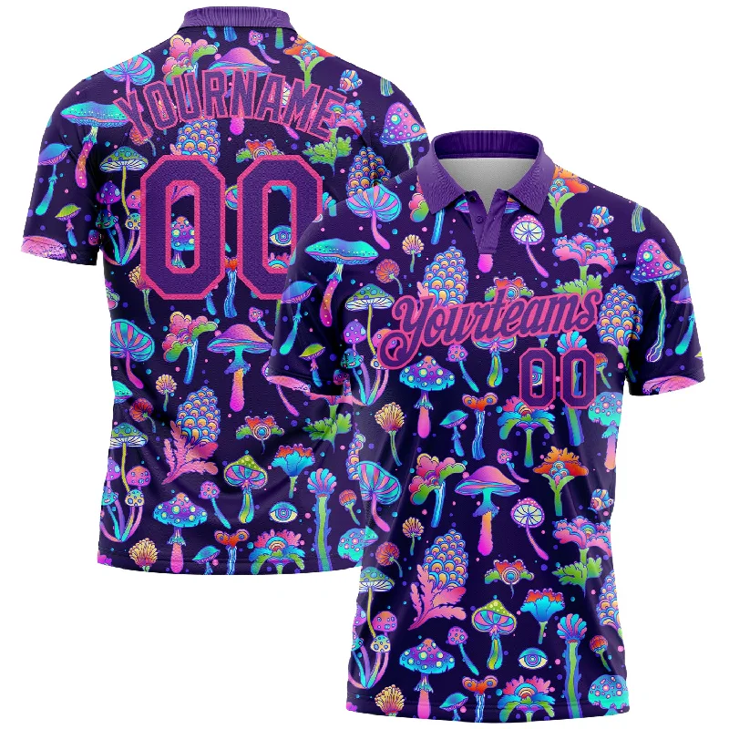 Short-Sleeve Golf Polo Shirts for Maximum Breathability-Custom Purple Pink 3D Pattern Design Magic Mushrooms Psychedelic Hallucination Performance Golf Polo Shirt