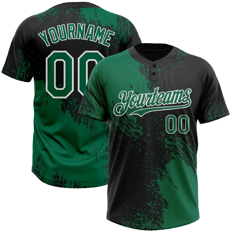 Professional Softball Jerseys for Tournament Teams-Custom Kelly Green Black-White 3D Pattern Abstract Brush Stroke Two-Button Unisex Softball Jersey