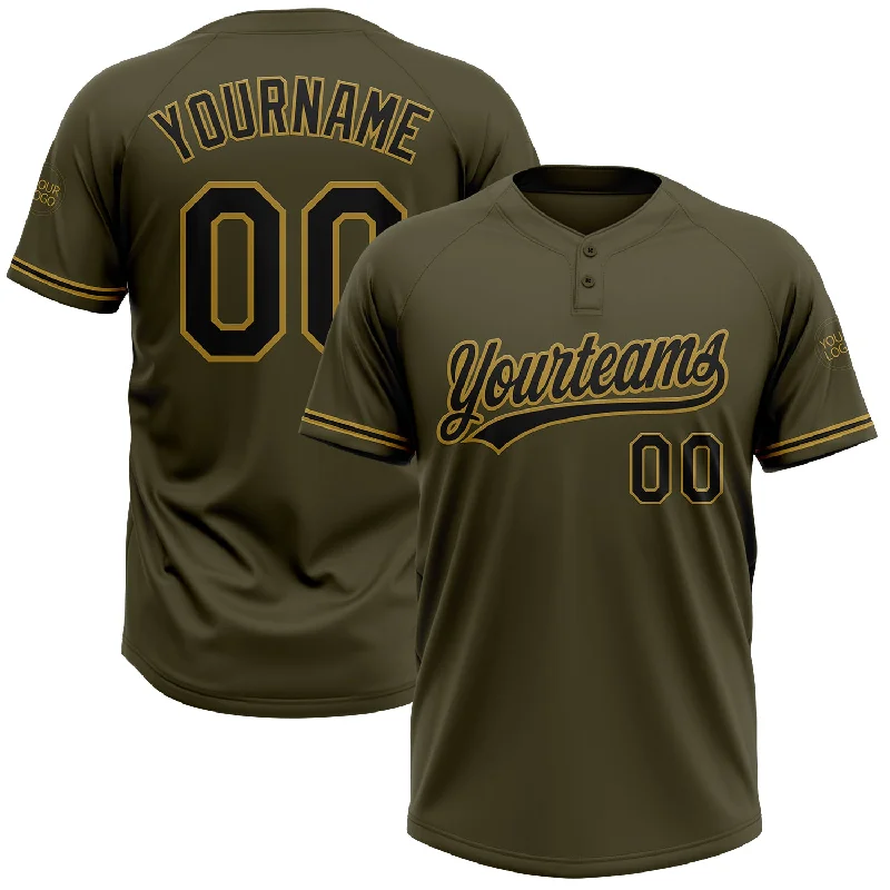 Softball Jerseys with V-Neck for Modern Style-Custom Olive Black-Old Gold Salute To Service Two-Button Unisex Softball Jersey