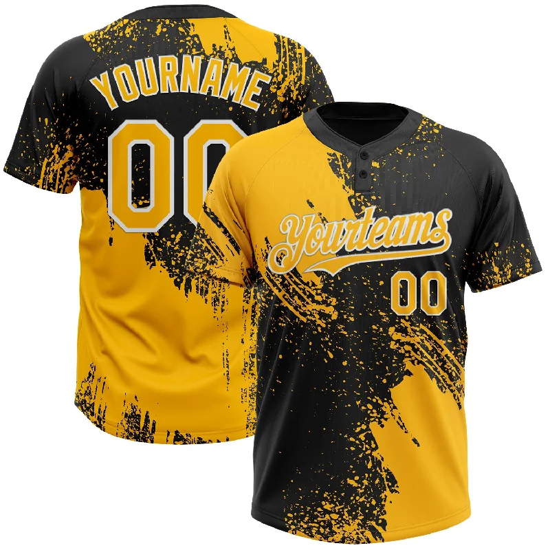 Affordable Softball Jerseys for Recreational Players-Custom Gold Black-White 3D Pattern Abstract Brush Stroke Two-Button Unisex Softball Jersey