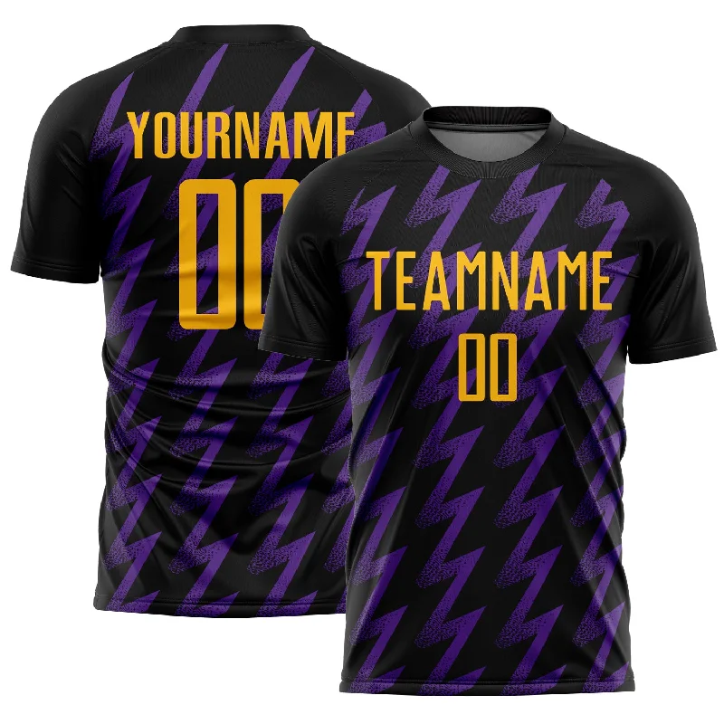 Soccer Jerseys with Piping for Traditional Style-Custom Black Gold-Purple Zigzag Shape Sublimation Soccer Uniform Jersey