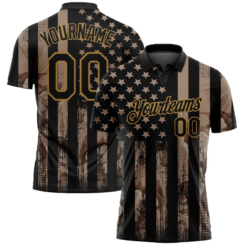 Functional Golf Polo Shirts for On-Course Play-Custom Camo Black-Old Gold American Flag Performance Salute To Service Golf Polo Shirt