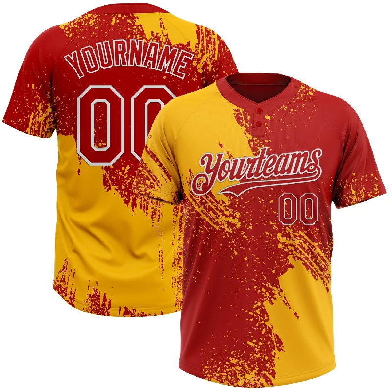 Softball Jerseys with Adjustable Collar for Versatility-Custom Gold Red-White 3D Pattern Abstract Brush Stroke Two-Button Unisex Softball Jersey