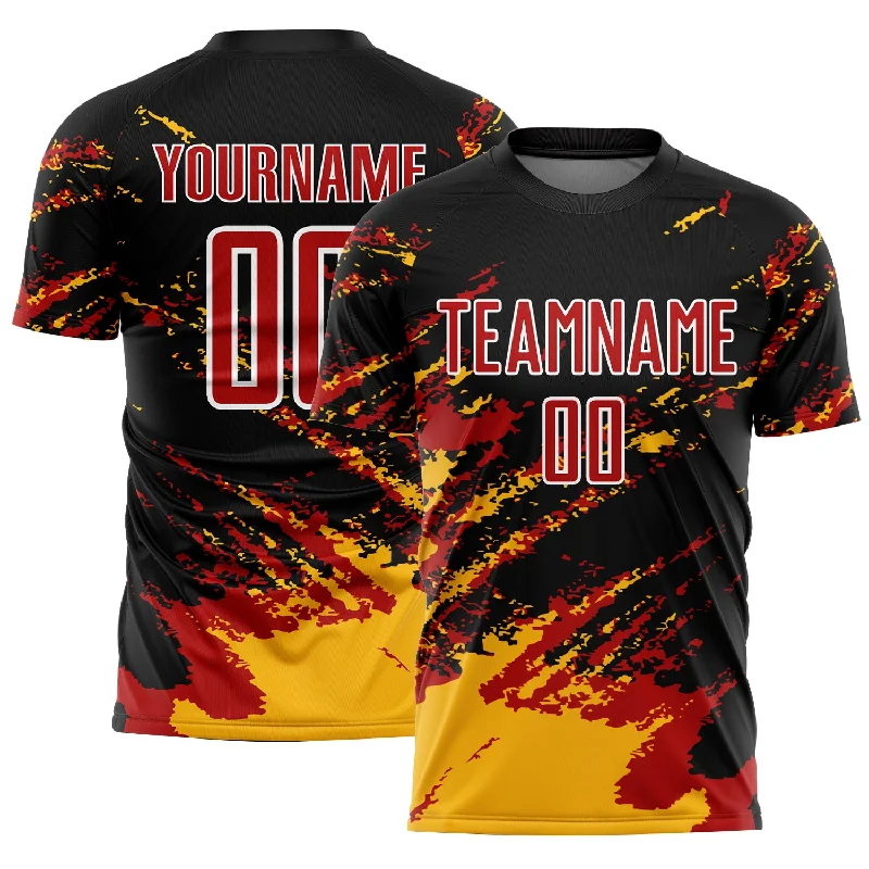 Soccer Jerseys with Sublimated Design for Unique Patterns-Custom Black Red-Gold Abstract Fragment Art Splash Sublimation Soccer Uniform Jersey