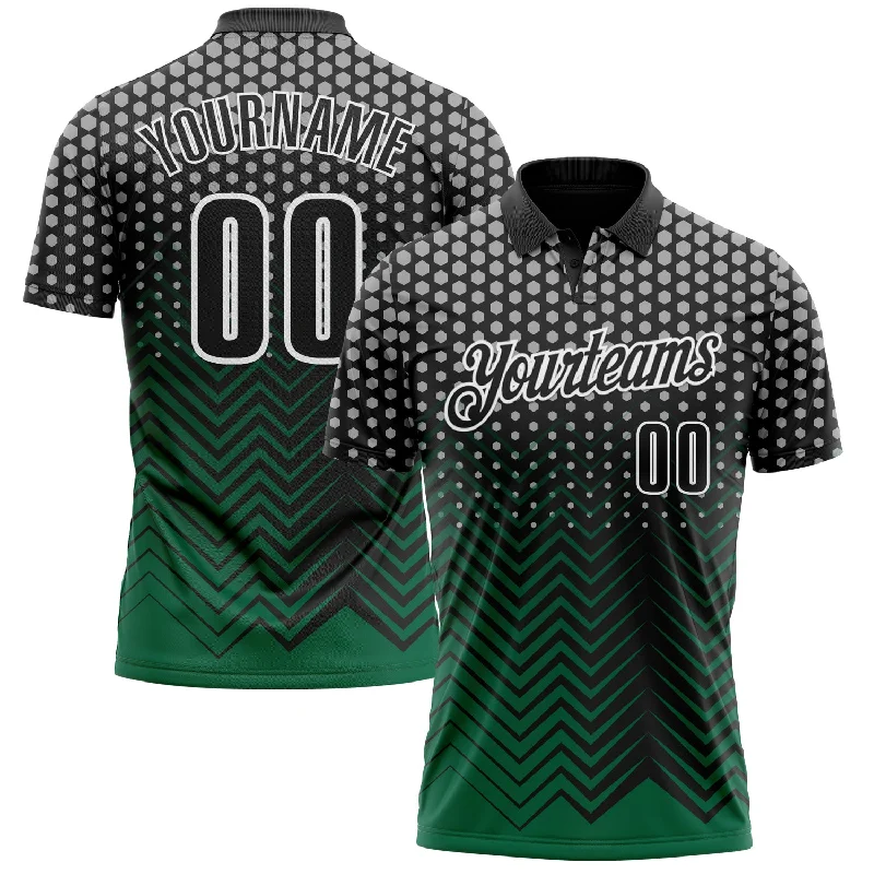 Stylish Color Block Golf Polo Shirts for Trendy Look-Custom Black Kelly Green-Gray 3D Bowling Geometric Shape Performance Polo Shirt