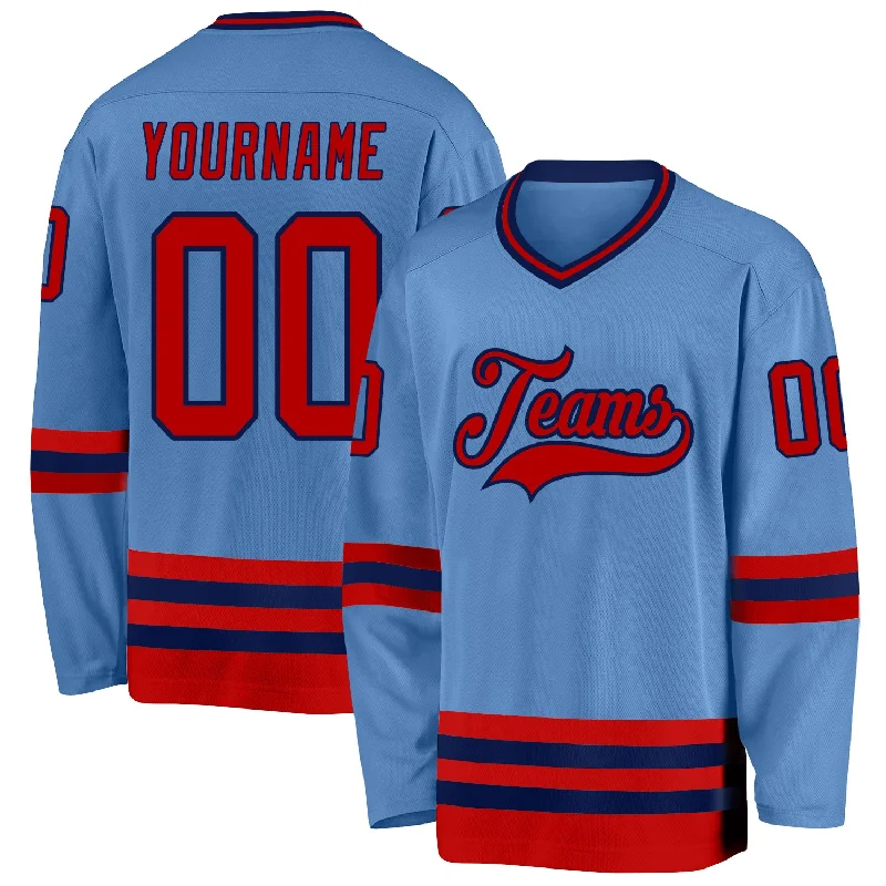 Padded Hockey Jerseys for Extra Protection-Custom Light Blue Red-Navy Hockey Jersey