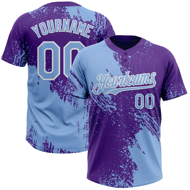 Softball Jerseys with Flexible Fabric for Full Range of Motion-Custom Light Blue Purple-White 3D Pattern Abstract Brush Stroke Two-Button Unisex Softball Jersey