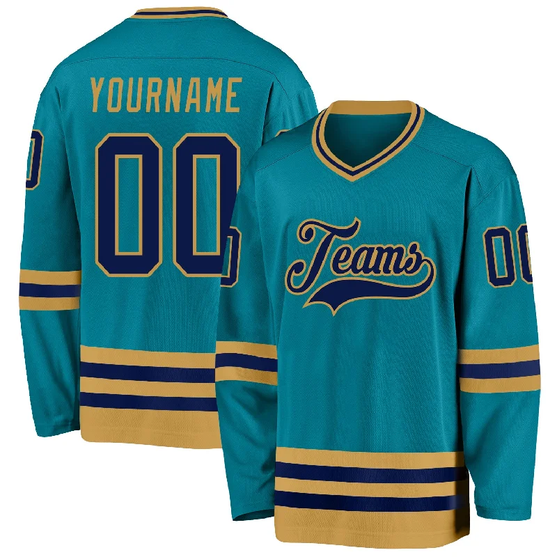 All-Weather Hockey Jerseys for Year-Round Play-Custom Teal Navy-Old Gold Hockey Jersey