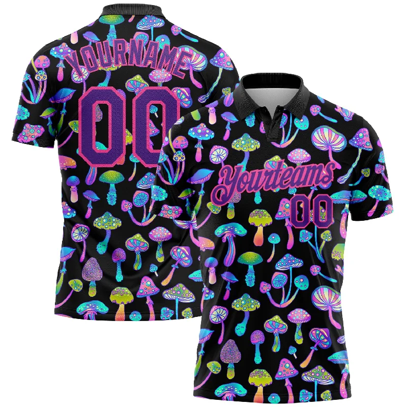 Golf Polo Shirts with Anti-Sun Fabric for Extra Protection-Custom Black Purple-Pink 3D Pattern Design Magic Mushrooms Psychedelic Hallucination Performance Golf Polo Shirt