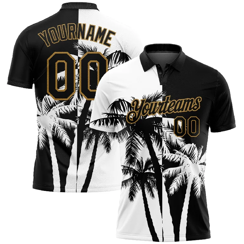 Lightweight Performance Golf Polo Shirts for Hot Conditions-Custom Black White-Old Gold 3D Pattern Design Hawaii Coconut Trees Performance Golf Polo Shirt