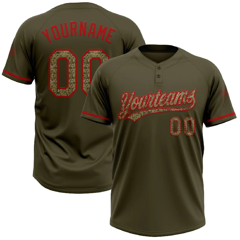 Sublimated Softball Jerseys for Bold Graphics-Custom Olive Camo-Red Salute To Service Two-Button Unisex Softball Jersey