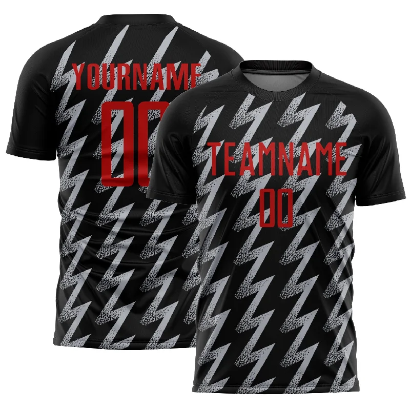 Soccer Jerseys with Anti-Odor Technology for Comfort-Custom Black Red-Gray Zigzag Shape Sublimation Soccer Uniform Jersey