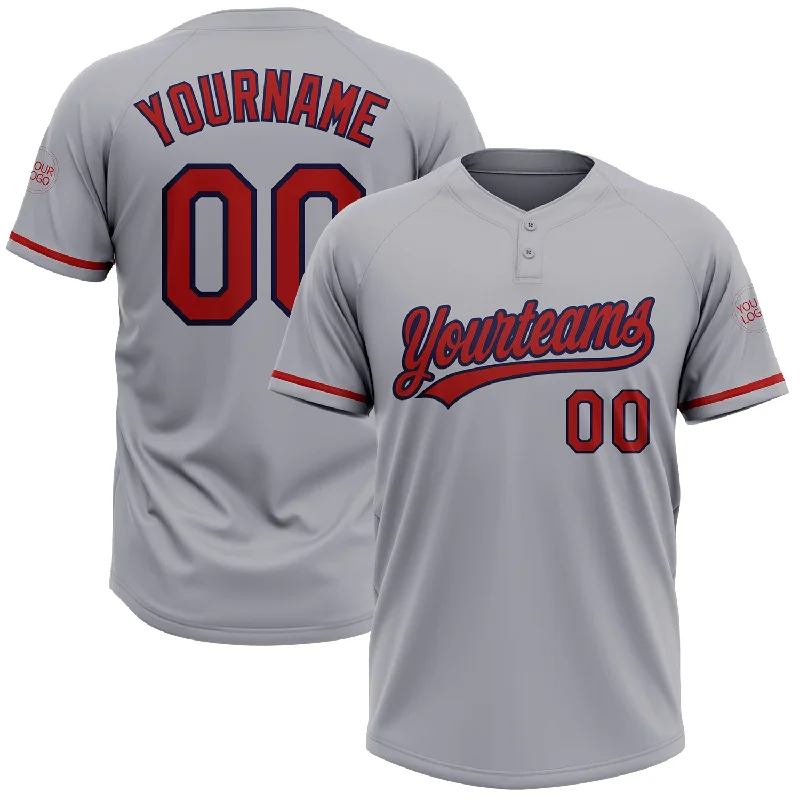 Softball Jerseys with Ventilated Panels for Enhanced Airflow-Custom Gray Red-Navy Two-Button Unisex Softball Jersey