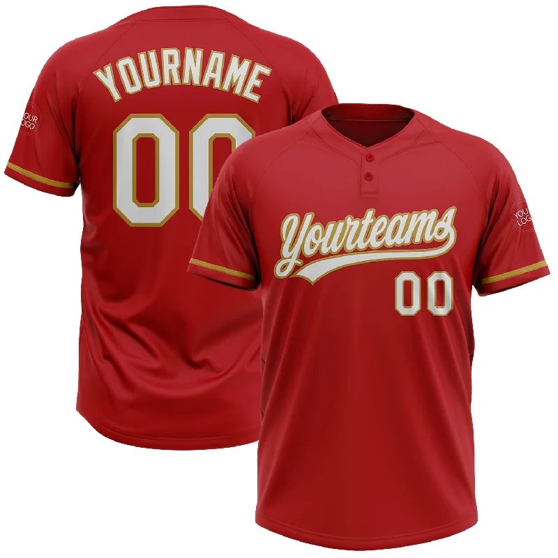 Softball Jerseys with Team Spirit and Mascot Embroidery-Custom Red White-Old Gold Two-Button Unisex Softball Jersey