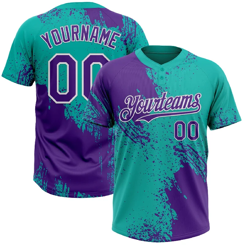 Softball Jerseys with Personalized Options for Custom Play-Custom Purple Aqua-White 3D Pattern Abstract Brush Stroke Two-Button Unisex Softball Jersey