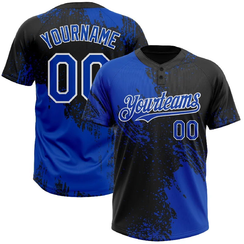 Softball Jerseys with Quick-Dry Technology for Active Play-Custom Black Thunder Blue-White 3D Pattern Abstract Brush Stroke Two-Button Unisex Softball Jersey