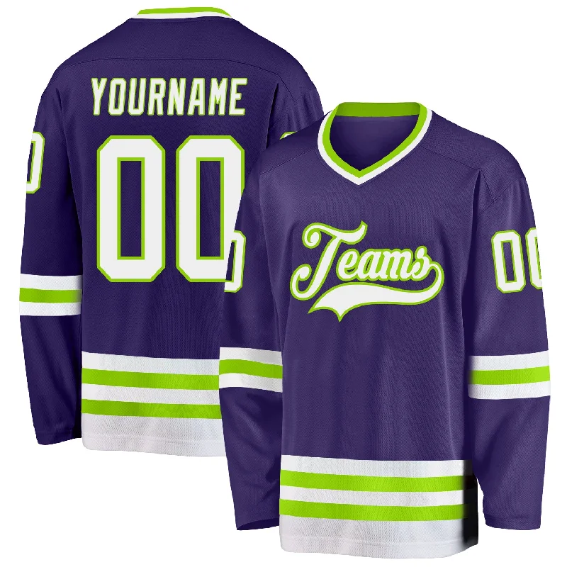 Ice Hockey Jerseys with Embossed Logos for Style-Custom Purple White-Neon Green Hockey Jersey