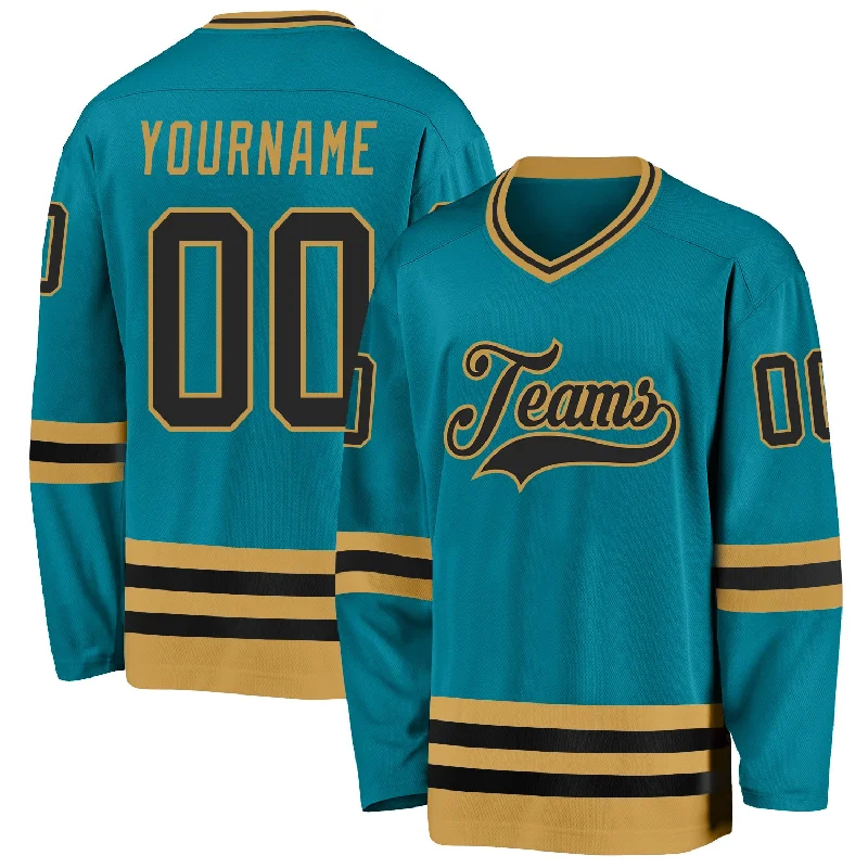 Ice Hockey Jerseys with Sweat-Wicking Technology-Custom Teal Black-Old Gold Hockey Jersey