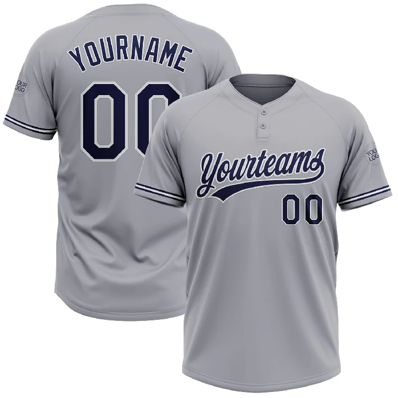 Breathable Softball Jerseys for Hot Weather Play-Custom Gray Navy-White Two-Button Unisex Softball Jersey