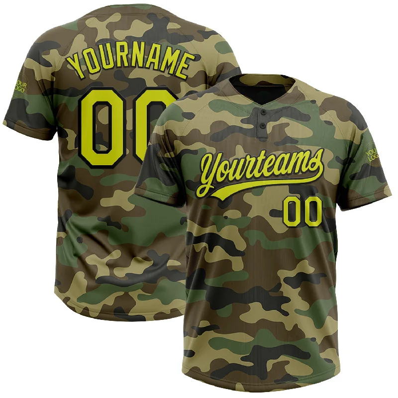 Women’s Softball Jerseys with Slim Fit Design-Custom Camo Neon Yellow-Black Salute To Service Two-Button Unisex Softball Jersey