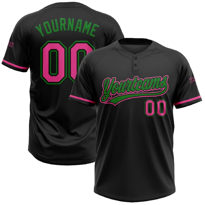 Softball Jerseys with Padded Arms for Protection and Comfort-Custom Black Pink-Grass Green Two-Button Unisex Softball Jersey