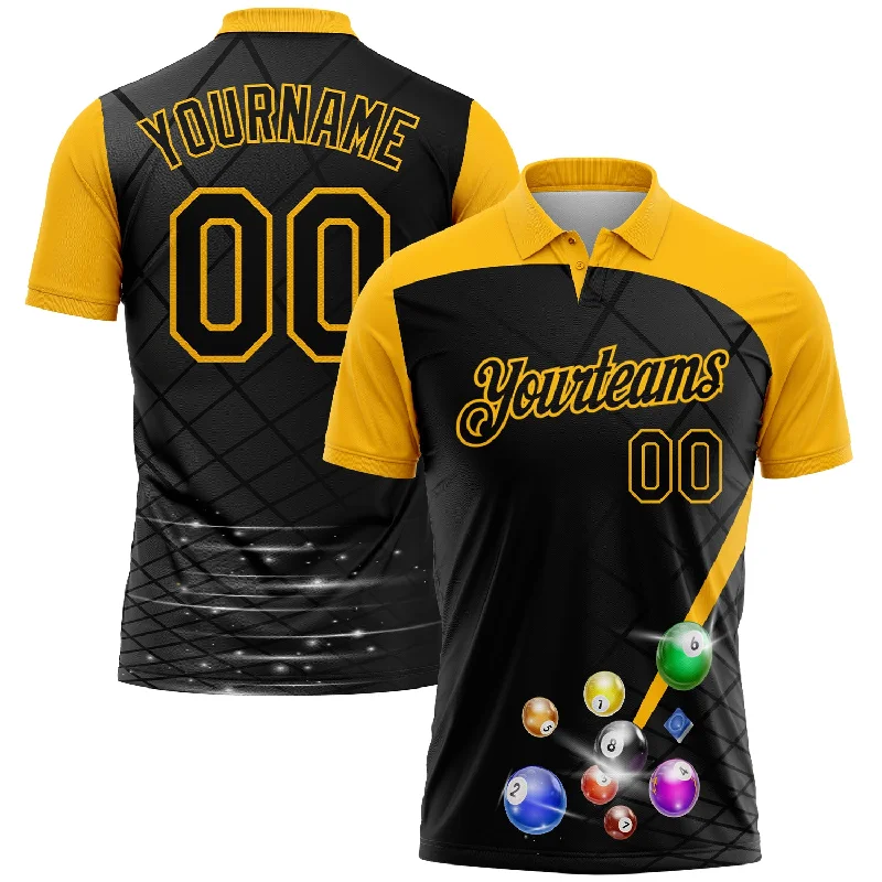 Golf Polo Shirts with Easy-Care Fabric for Low Maintenance-Custom Black Yellow 3D Pattern Design Billiards Performance Polo Shirt