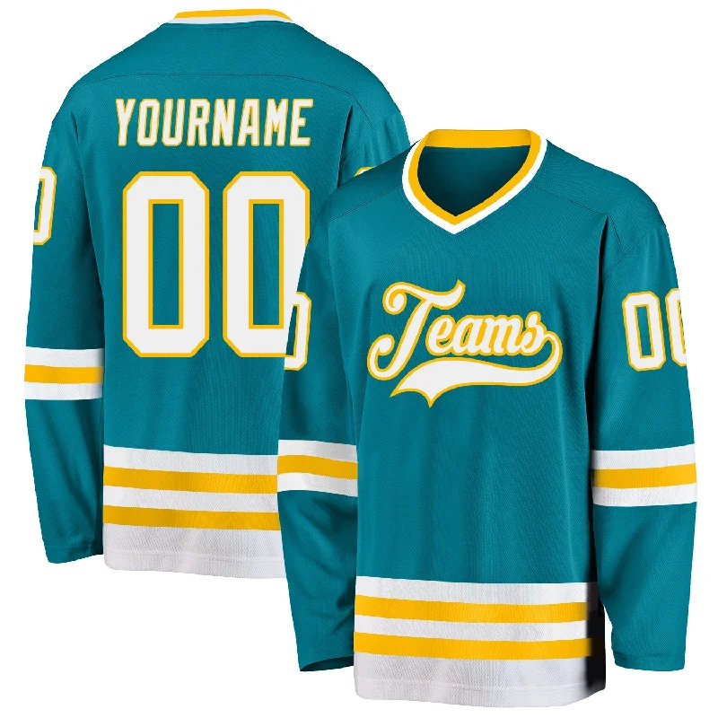 Official Replica Hockey Jerseys for NHL Teams-Custom Teal White-Gold Hockey Jersey