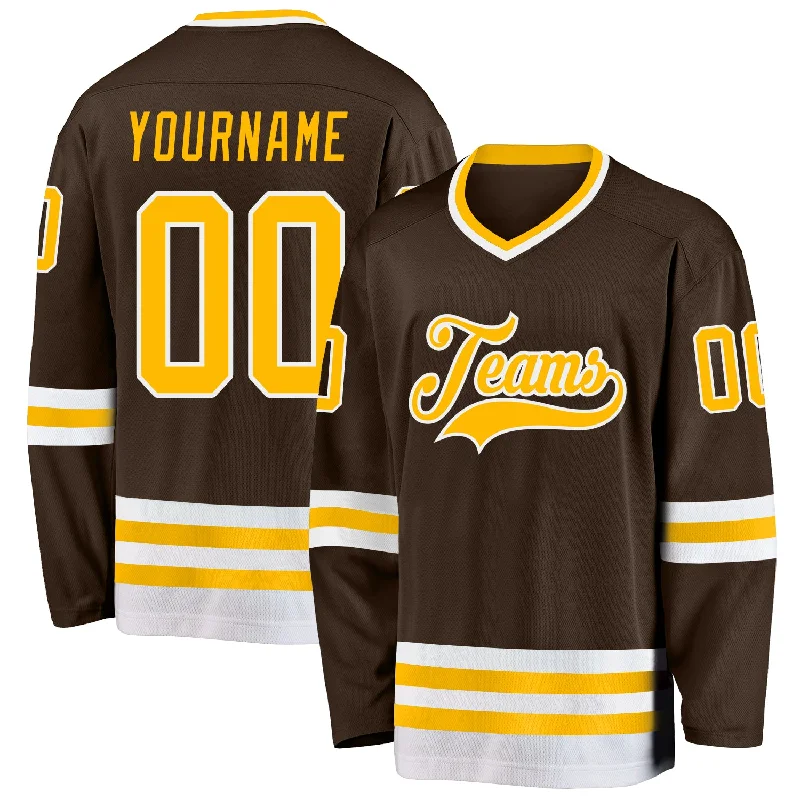 Soft Touch Hockey Jerseys for Maximum Comfort-Custom Brown Gold-White Hockey Jersey