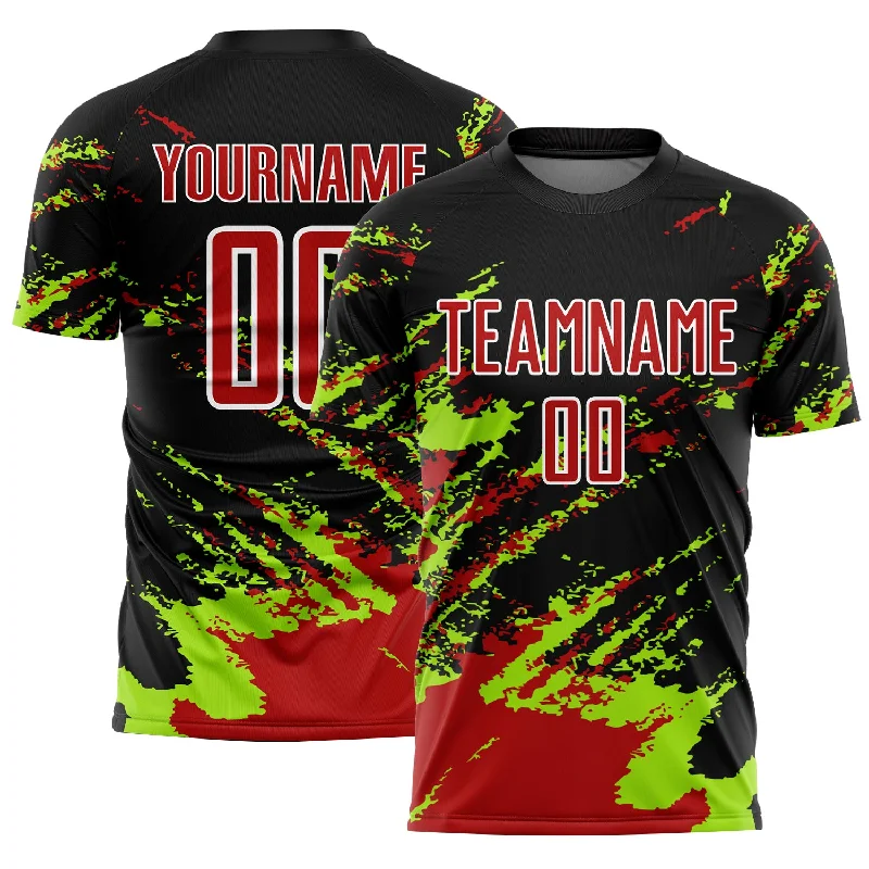 Soccer Jerseys with Anti-Wrinkle Fabric for Easy Maintenance-Custom Black Red-Neon Green Abstract Fragment Art Splash Sublimation Soccer Uniform Jersey