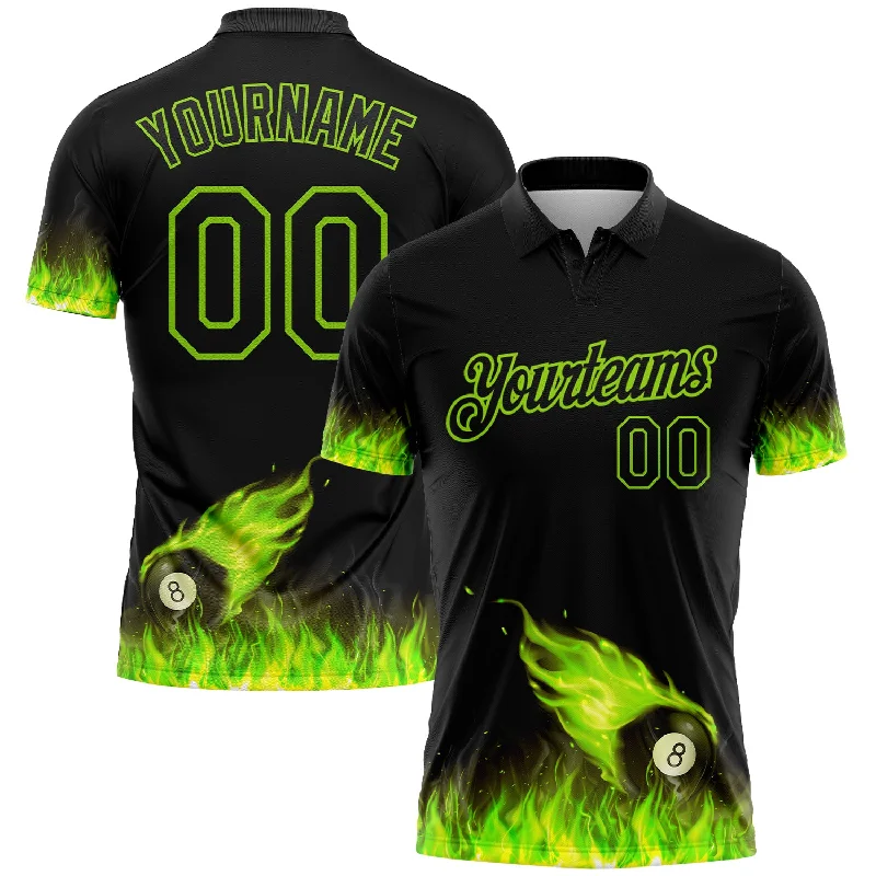 Casual Golf Polo Shirts for Weekend Rounds-Custom Black Neon Green 3D Pattern Design Flame Billiards 8 Ball Performance Polo Shirt