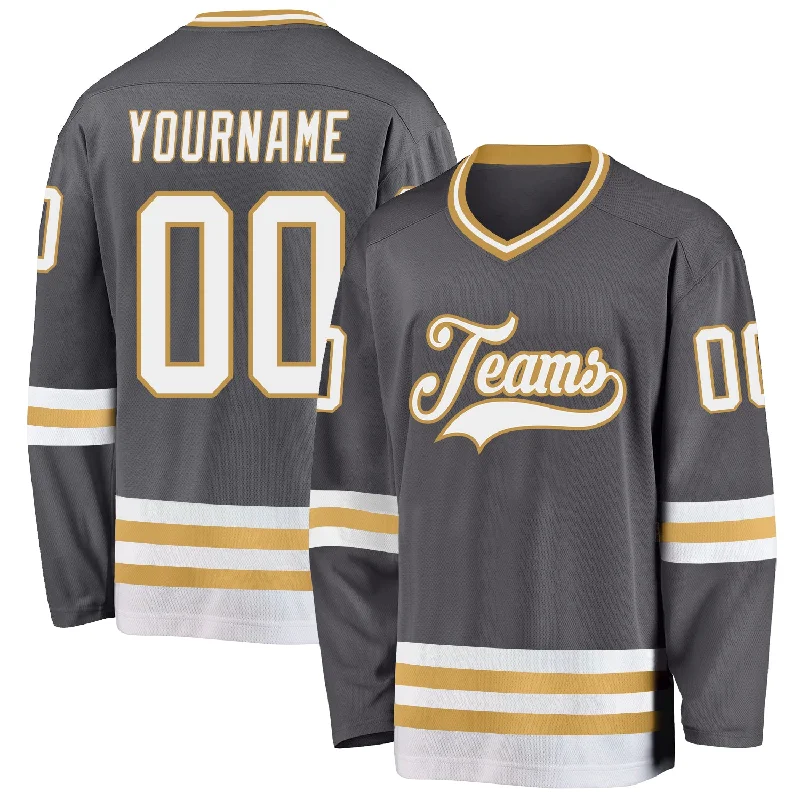 Men's Hockey Jerseys for Professional Teams-Custom Steel Gray White-Old Gold Hockey Jersey