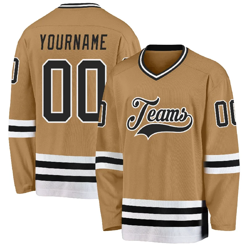 Ice Hockey Jerseys with Embossed Logos for Style-Custom Old Gold Black-White Hockey Jersey