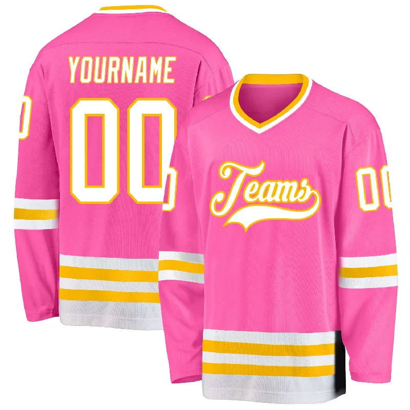 Ice Hockey Jerseys with Reinforced Stitching-Custom Pink White-Gold Hockey Jersey